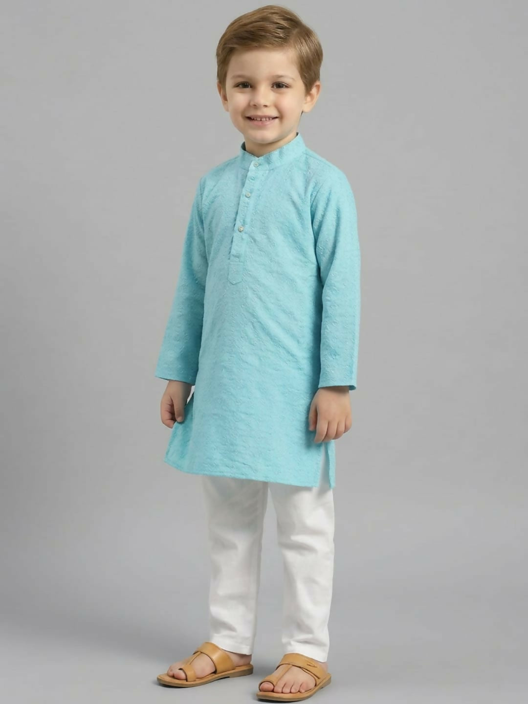 Boys Blue Textured Kurta Pajama Set | Ethnic Wear for Kids | SHOBITAM