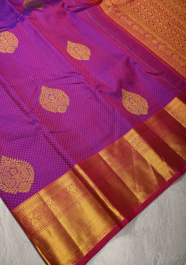 Purple Dual tone Self Brocade on Kanjivaram Pure Silk Saree with Zari Buttas and Zari Border | SILK MARK CERTIFIED