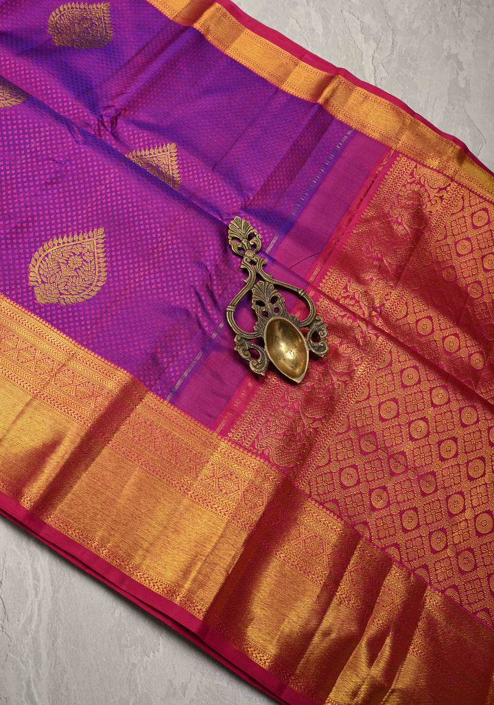 Purple Dual tone Self Brocade on Kanjivaram Pure Silk Saree with Zari Buttas and Zari Border | SILK MARK CERTIFIED