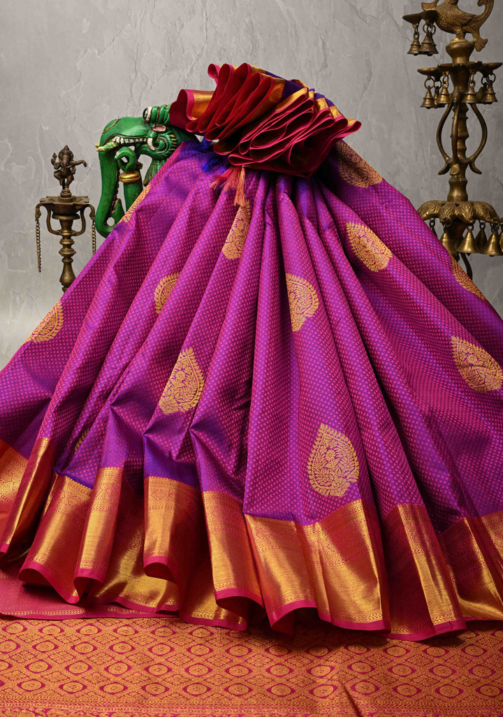 Purple Dual tone Self Brocade on Kanjivaram Pure Silk Saree with Zari Buttas and Zari Border | SILK MARK CERTIFIED