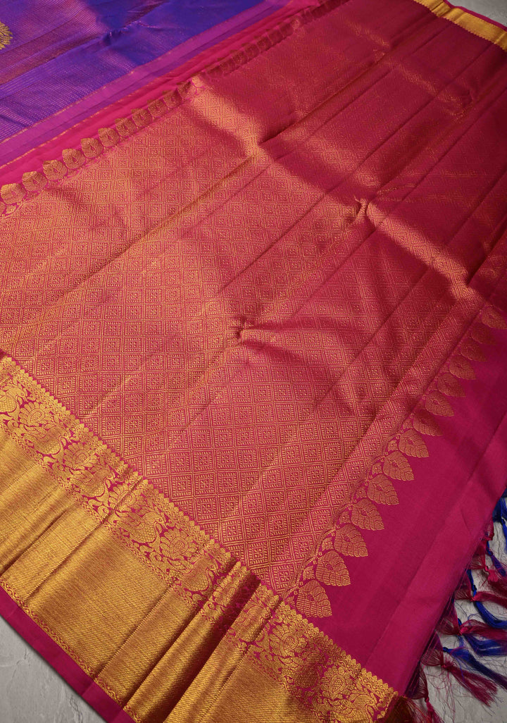 Purple Dual Tone Vairaoosi Stripes on Pure Kanjivaram Silk Handloom Saree with Tree Buttas and Zari Border  | SILK MARK CERTIFIED