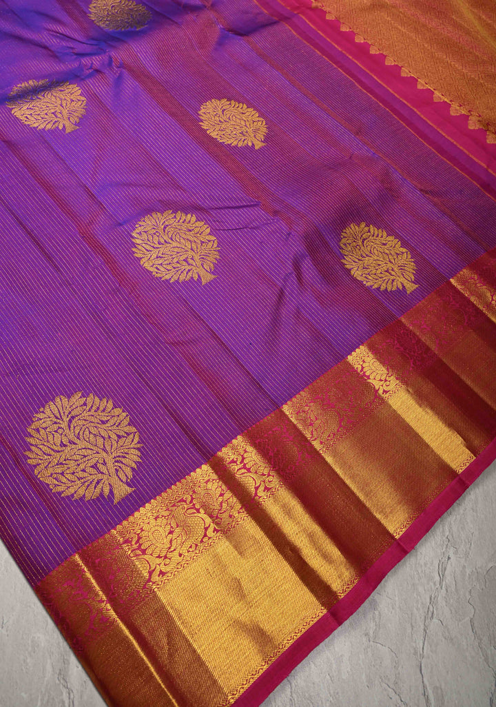 Purple Dual Tone Vairaoosi Stripes on Pure Kanjivaram Silk Handloom Saree with Tree Buttas and Zari Border  | SILK MARK CERTIFIED