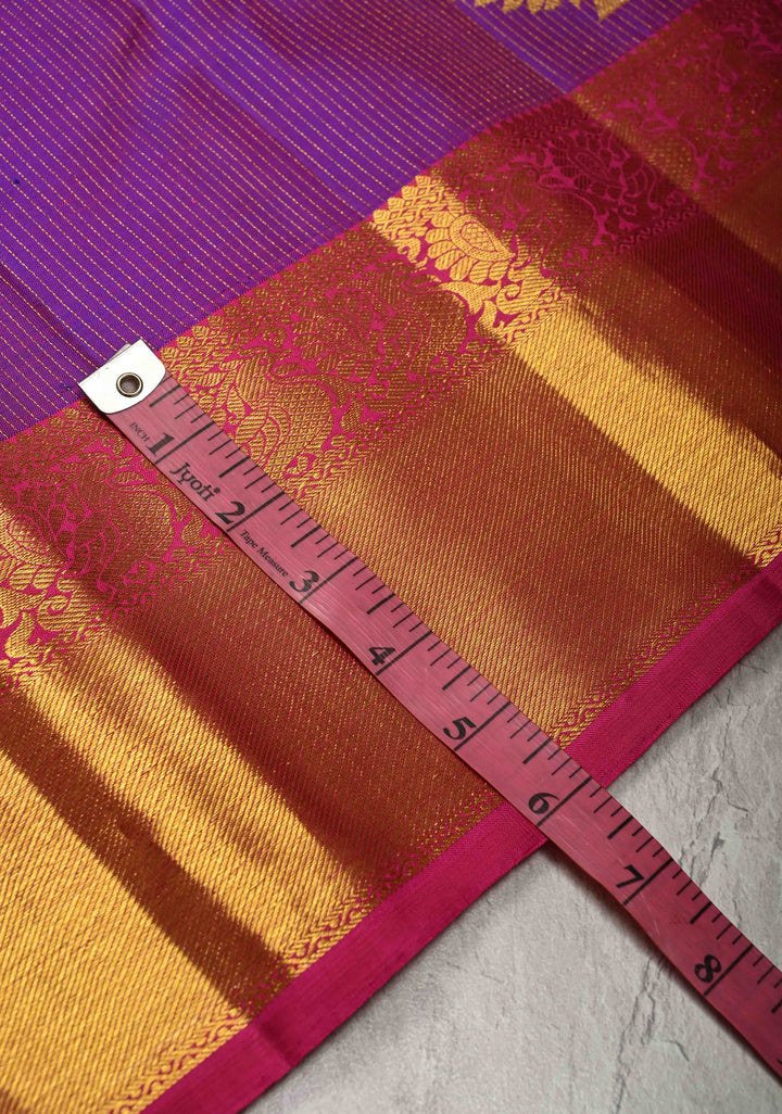 Purple Dual Tone Vairaoosi Stripes on Pure Kanjivaram Silk Handloom Saree with Tree Buttas and Zari Border  | SILK MARK CERTIFIED
