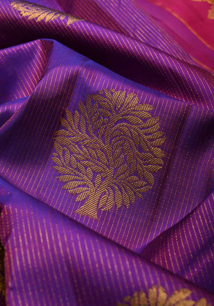 Purple Dual Tone Vairaoosi Stripes on Pure Kanjivaram Silk Handloom Saree with Tree Buttas and Zari Border  | SILK MARK CERTIFIED