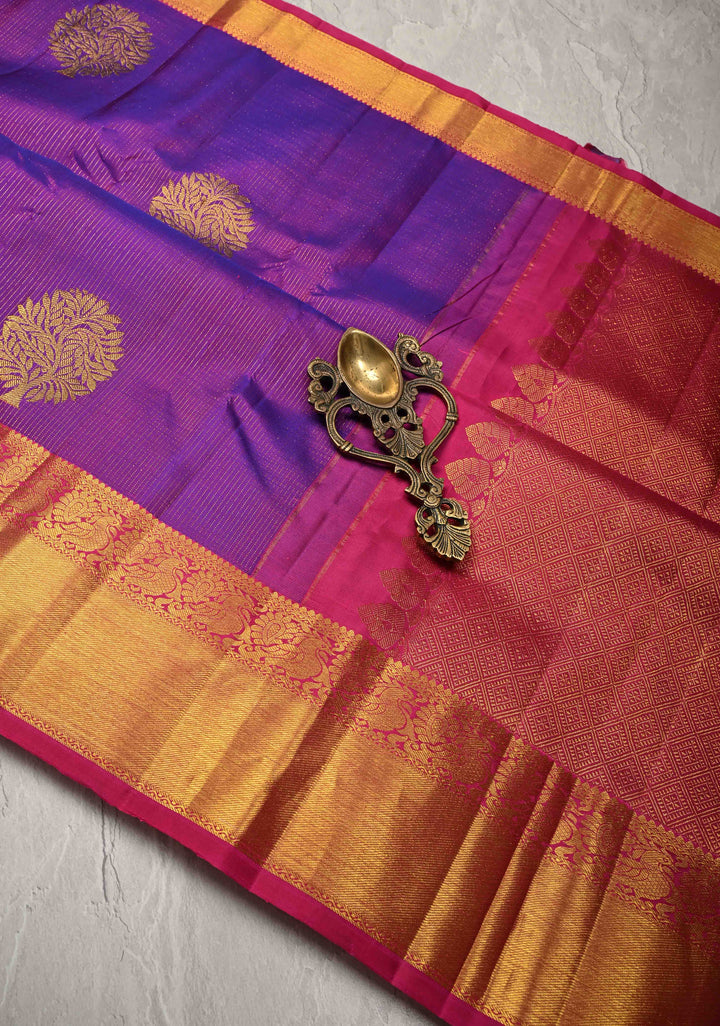 Purple Dual Tone Vairaoosi Stripes on Pure Kanjivaram Silk Handloom Saree with Tree Buttas and Zari Border  | SILK MARK CERTIFIED