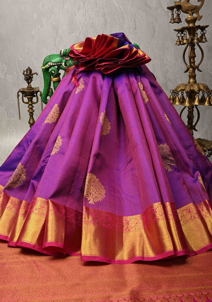Purple Dual Tone Vairaoosi Stripes on Pure Kanjivaram Silk Handloom Saree with Tree Buttas and Zari Border  | SILK MARK CERTIFIED