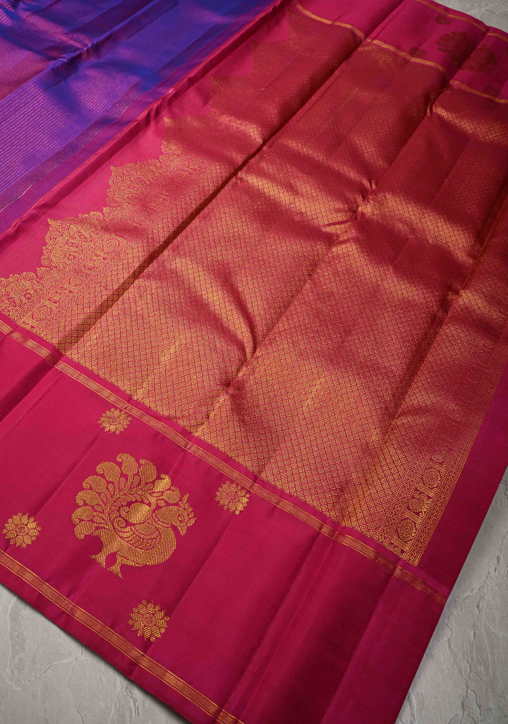 Vairaoosi Purple Dual tone Pure Kanjivaram Silk Handloom Saree Zari Stripes and Distinct Peacock Motofs on Border  | SILK MARK CERTIFIED
