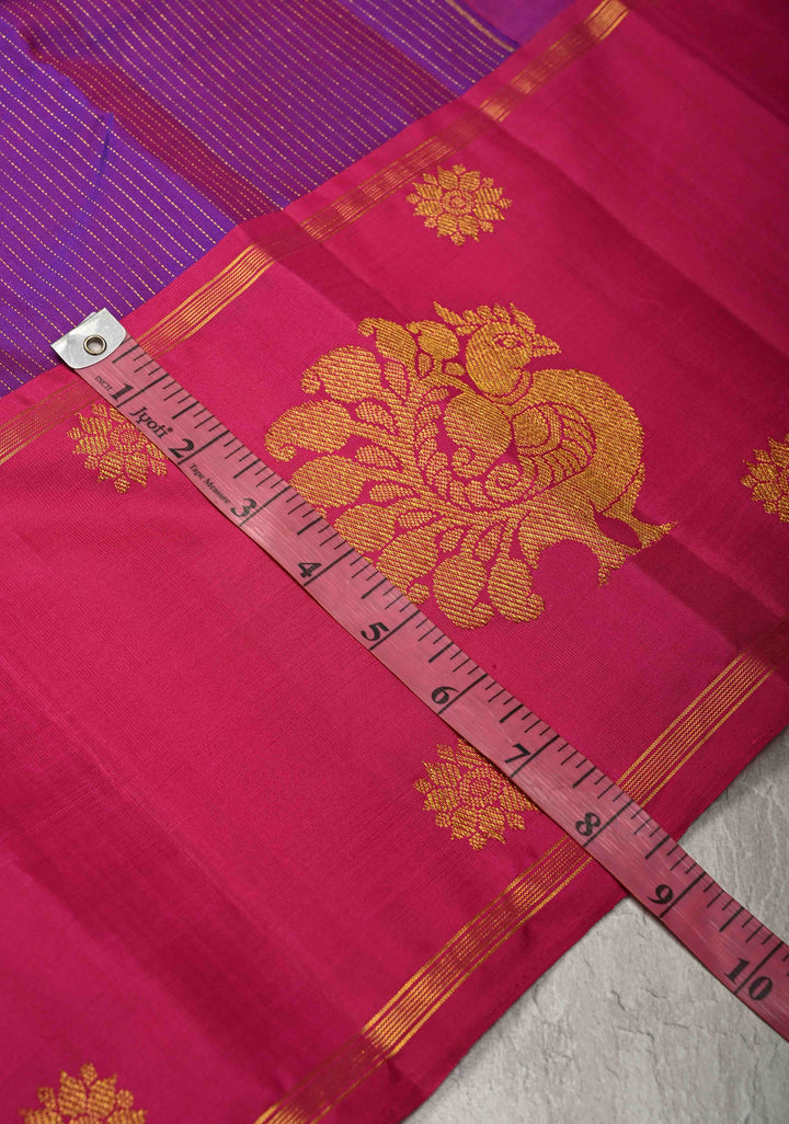 Vairaoosi Purple Dual tone Pure Kanjivaram Silk Handloom Saree Zari Stripes and Distinct Peacock Motofs on Border  | SILK MARK CERTIFIED
