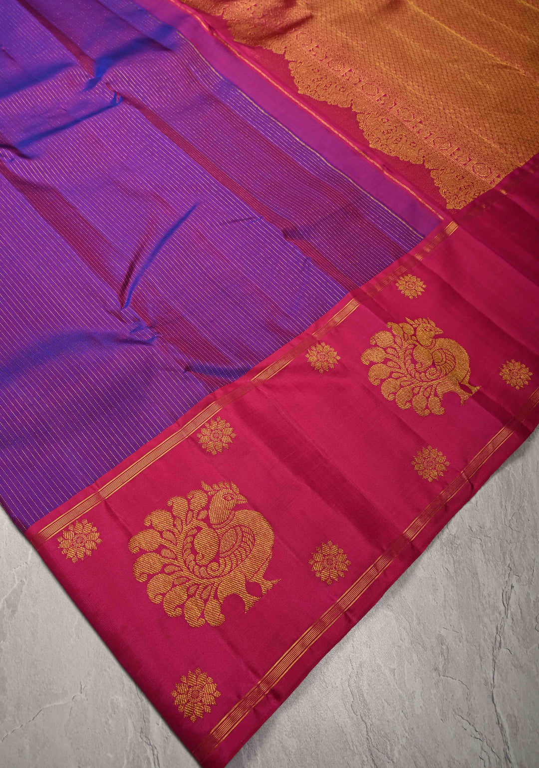 Vairaoosi Purple Dual tone Pure Kanjivaram Silk Handloom Saree Zari Stripes and Distinct Peacock Motofs on Border  | SILK MARK CERTIFIED