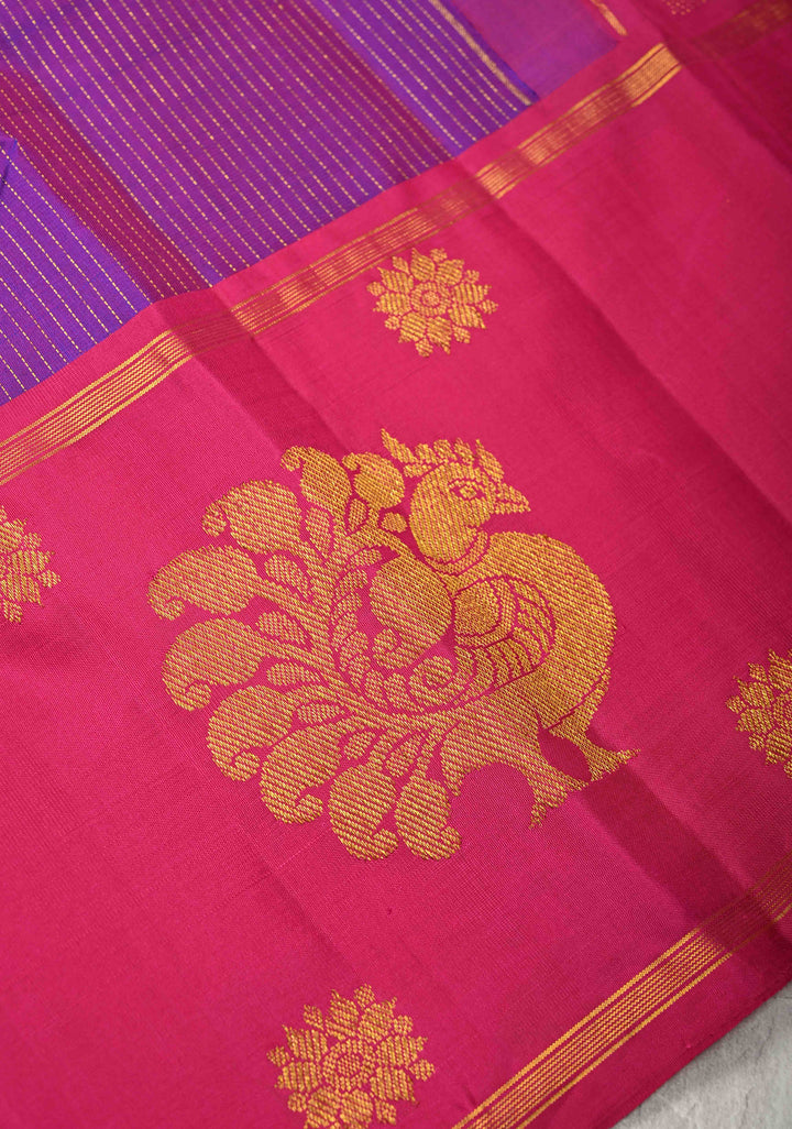 Vairaoosi Purple Dual tone Pure Kanjivaram Silk Handloom Saree Zari Stripes and Distinct Peacock Motofs on Border  | SILK MARK CERTIFIED