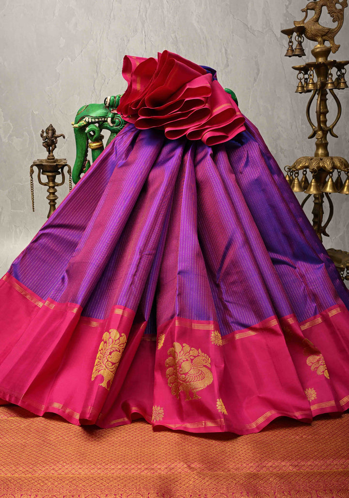 Vairaoosi Purple Dual tone Pure Kanjivaram Silk Handloom Saree Zari Stripes and Distinct Peacock Motofs on Border  | SILK MARK CERTIFIED