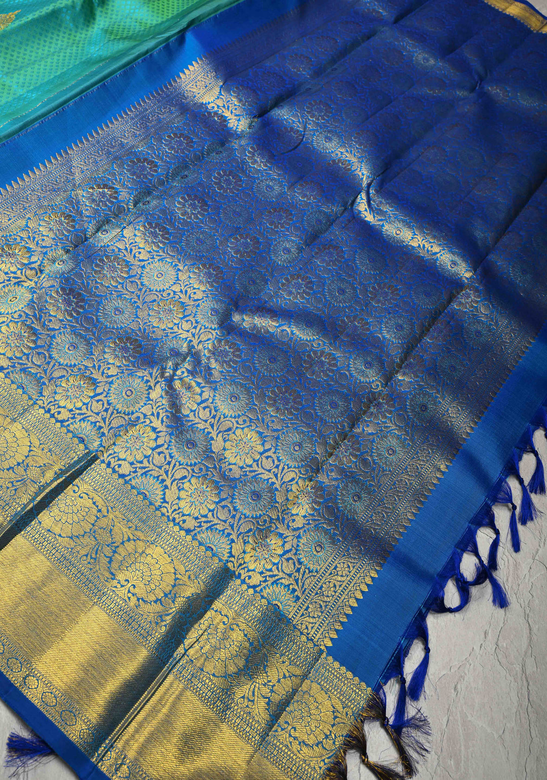 Cyan Green Dual tone Self Brocade on Kanjivaram Pure Silk Saree with Zari Buttas and Zari Border | SILK MARK CERTIFIED