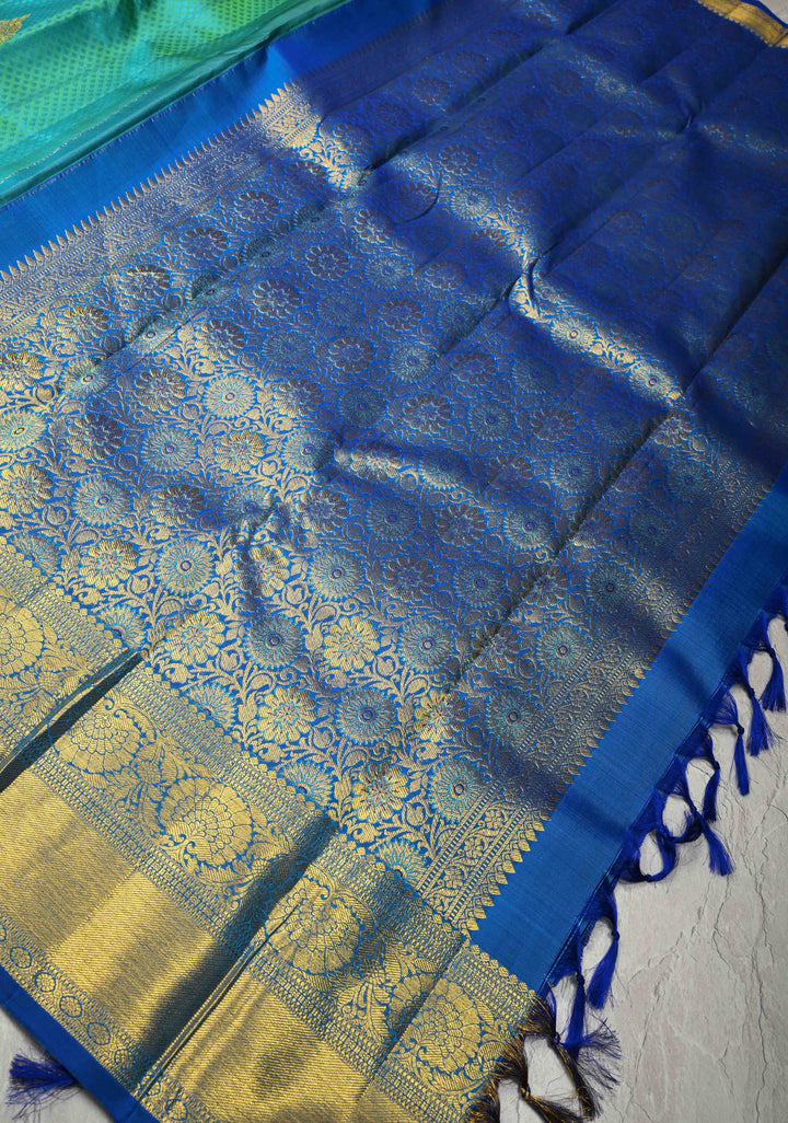 Cyan Green Dual tone Self Brocade on Kanjivaram Pure Silk Saree with Zari Buttas and Zari Border | SILK MARK CERTIFIED