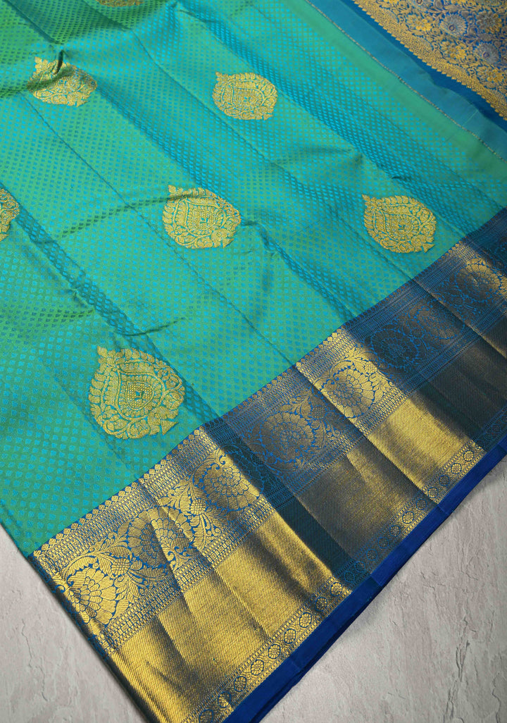 Cyan Green Dual tone Self Brocade on Kanjivaram Pure Silk Saree with Zari Buttas and Zari Border | SILK MARK CERTIFIED