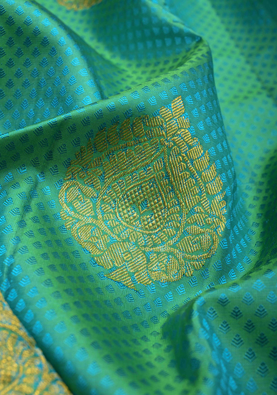 Cyan Green Dual tone Self Brocade on Kanjivaram Pure Silk Saree with Zari Buttas and Zari Border | SILK MARK CERTIFIED