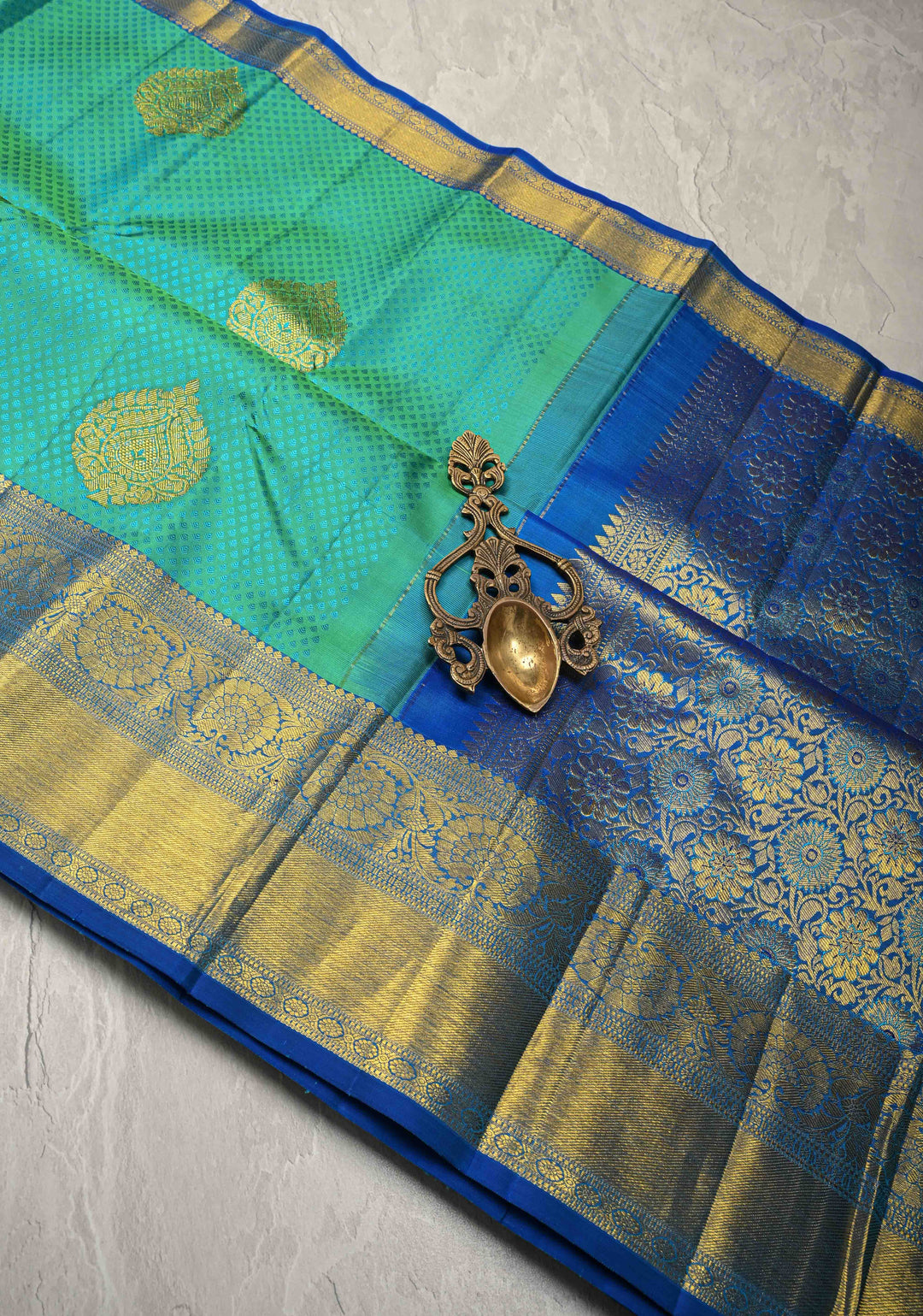 Cyan Green Dual tone Self Brocade on Kanjivaram Pure Silk Saree with Zari Buttas and Zari Border | SILK MARK CERTIFIED