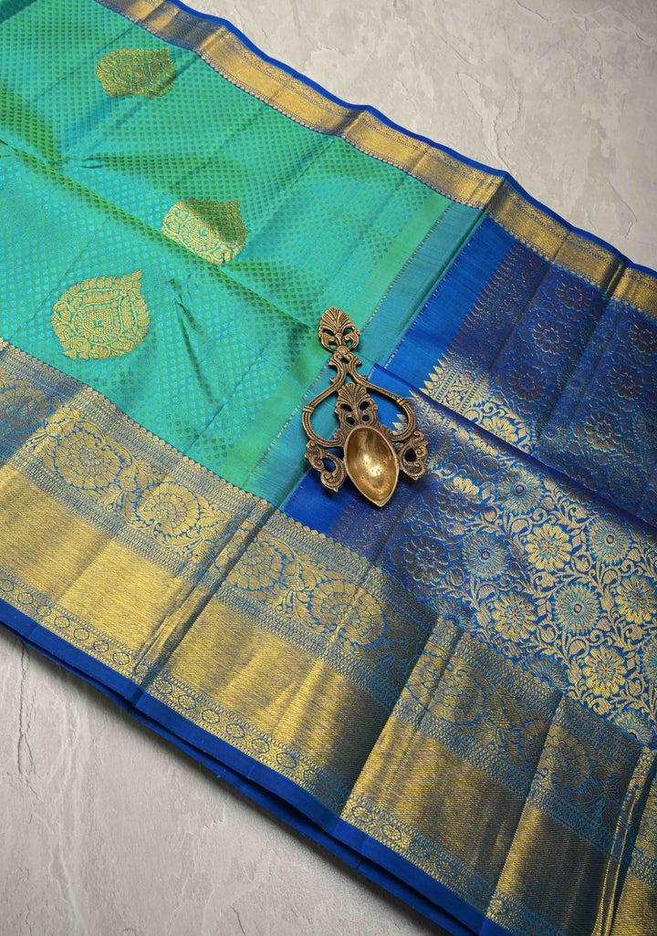 Cyan Green Dual tone Self Brocade on Kanjivaram Pure Silk Saree with Zari Buttas and Zari Border | SILK MARK CERTIFIED