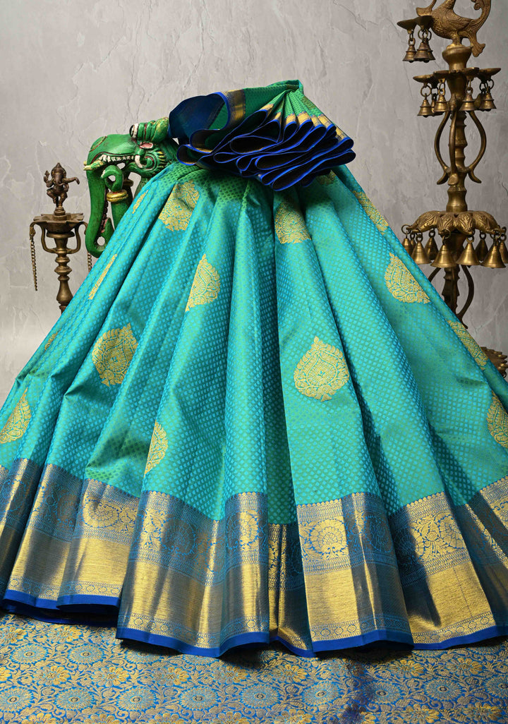 Cyan Green Dual tone Self Brocade on Kanjivaram Pure Silk Saree with Zari Buttas and Zari Border | SILK MARK CERTIFIED