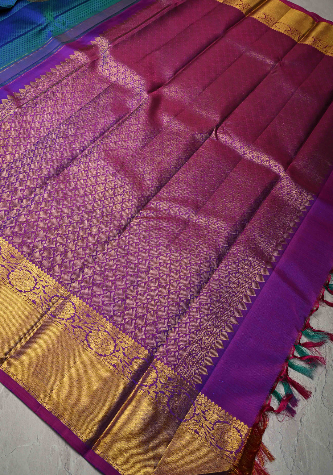 Blue Dual tone Self Brocade on Kanjivaram Pure Silk Saree with Damask Motifs and Zari Border | SILK MARK CERTIFIED