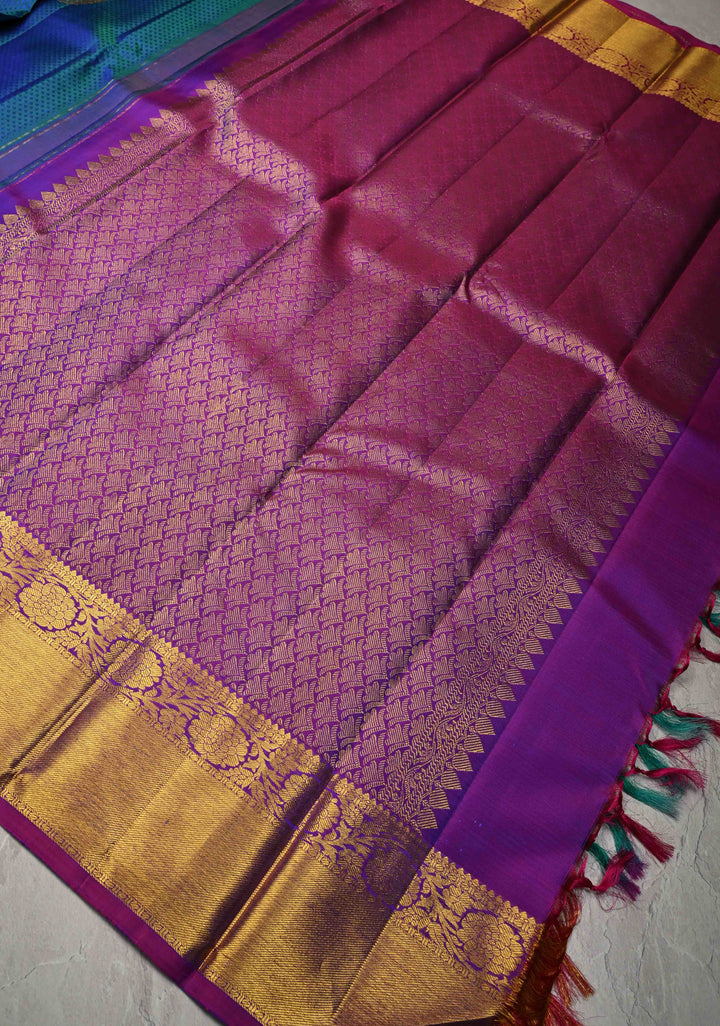 Blue Dual tone Self Brocade on Kanjivaram Pure Silk Saree with Damask Motifs and Zari Border | SILK MARK CERTIFIED