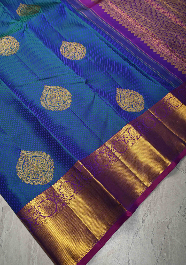 Blue Dual tone Self Brocade on Kanjivaram Pure Silk Saree with Damask Motifs and Zari Border | SILK MARK CERTIFIED