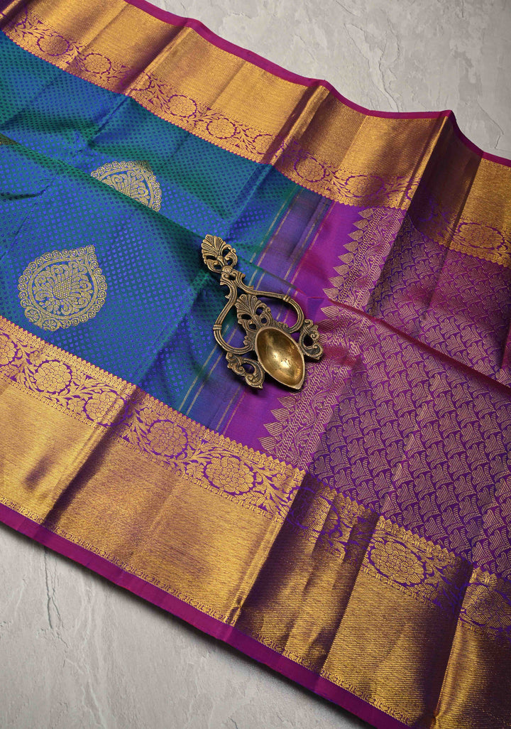 Blue Dual tone Self Brocade on Kanjivaram Pure Silk Saree with Damask Motifs and Zari Border | SILK MARK CERTIFIED