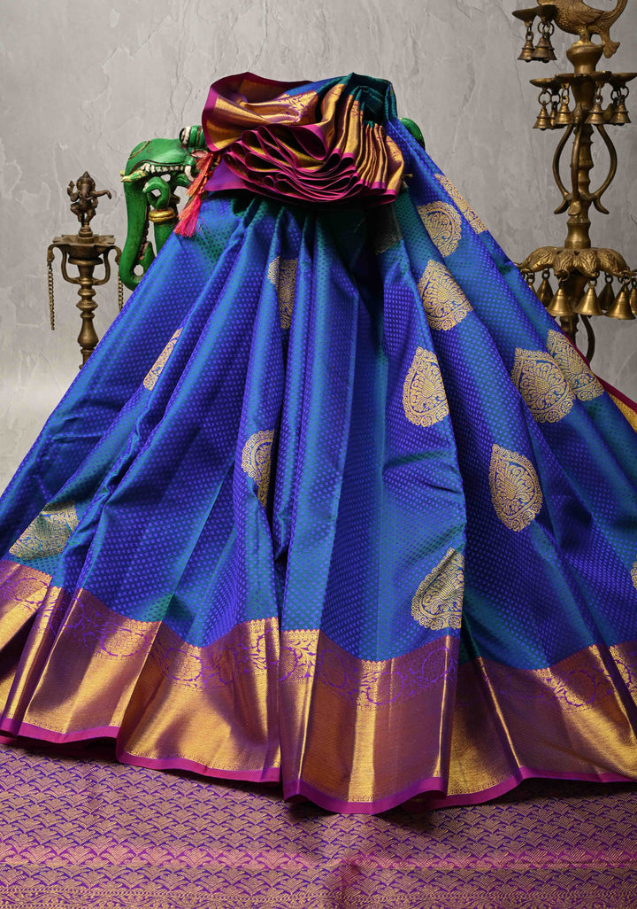 Blue Dual tone Self Brocade on Kanjivaram Pure Silk Saree with Damask Motifs and Zari Border | SILK MARK CERTIFIED
