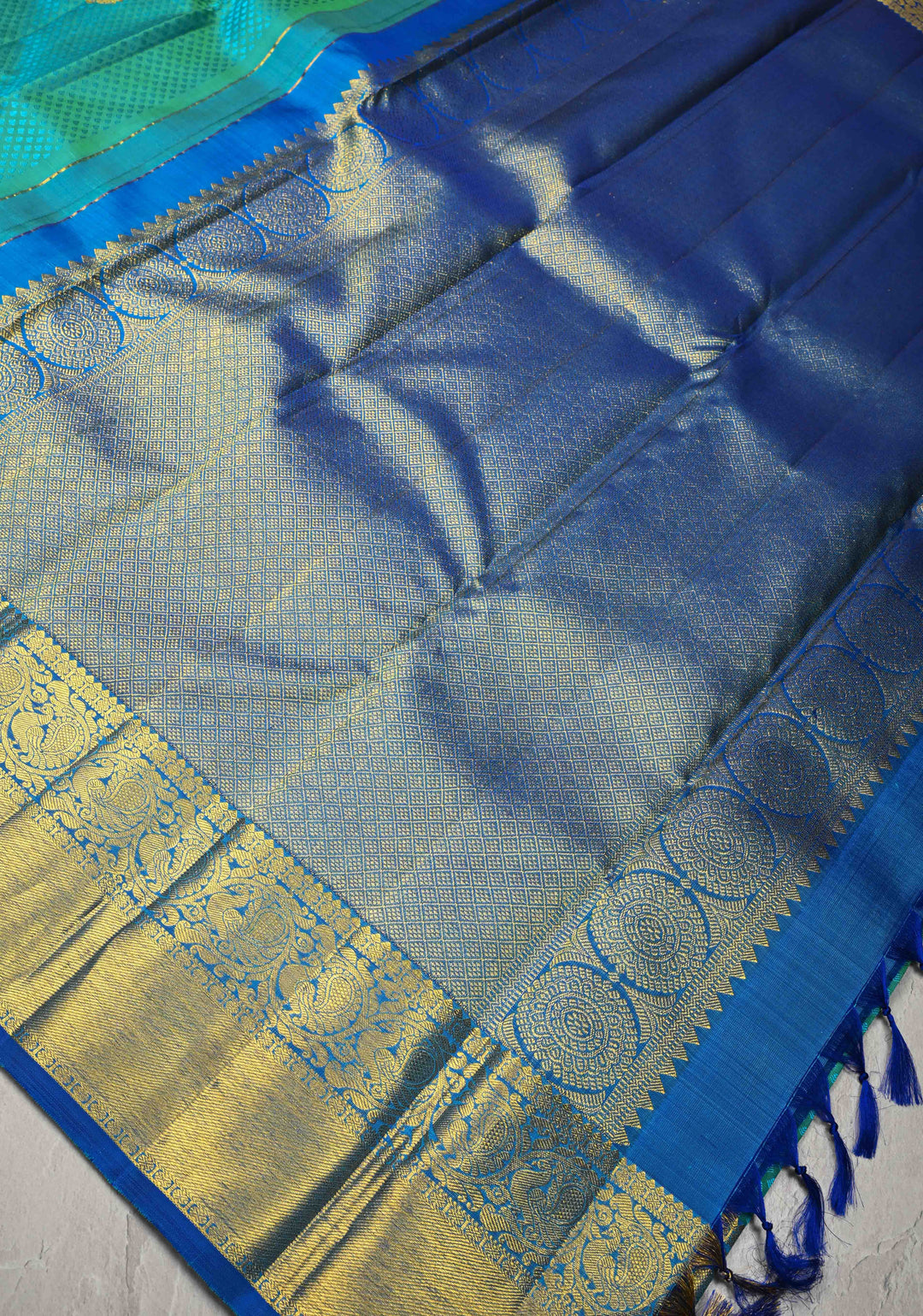 Green Cyan Dual tone Self Brocade on Kanjivaram Pure Silk Saree with Paisely Buttas and Zari Border | SILK MARK CERTIFIED