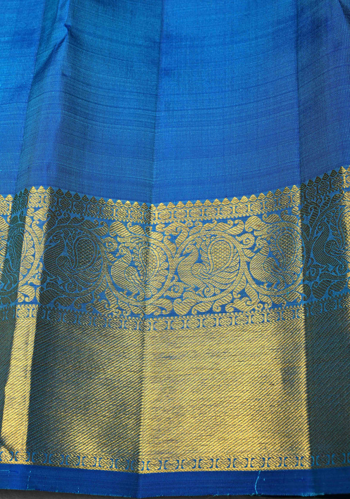 Green Cyan Dual tone Self Brocade on Kanjivaram Pure Silk Saree with Paisely Buttas and Zari Border | SILK MARK CERTIFIED