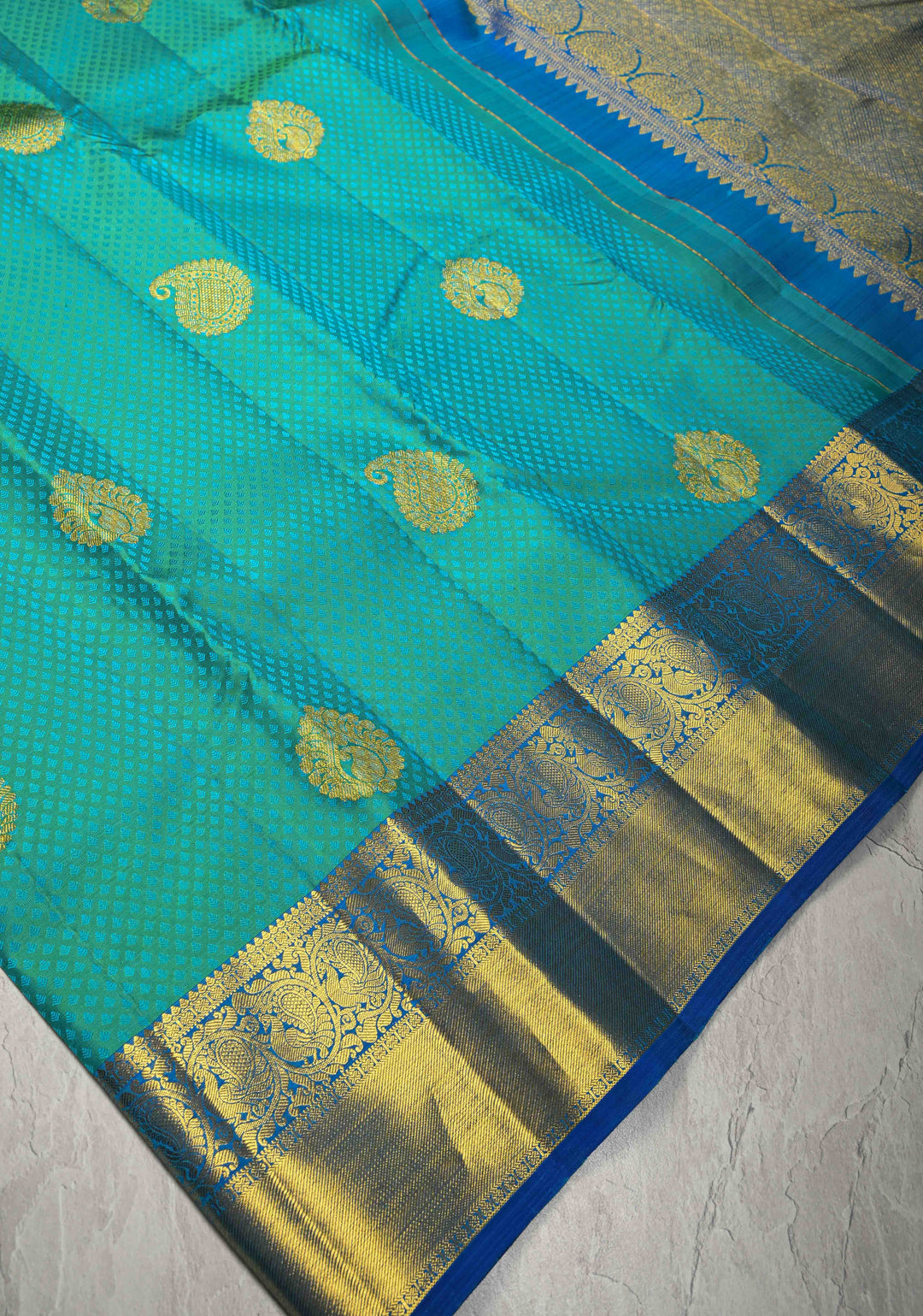 Green Cyan Dual tone Self Brocade on Kanjivaram Pure Silk Saree with Paisely Buttas and Zari Border | SILK MARK CERTIFIED