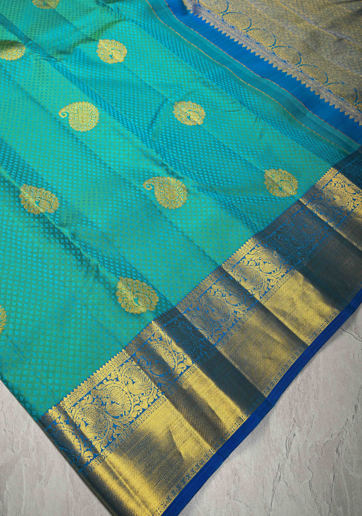 Green Cyan Dual tone Self Brocade on Kanjivaram Pure Silk Saree with Paisely Buttas and Zari Border | SILK MARK CERTIFIED
