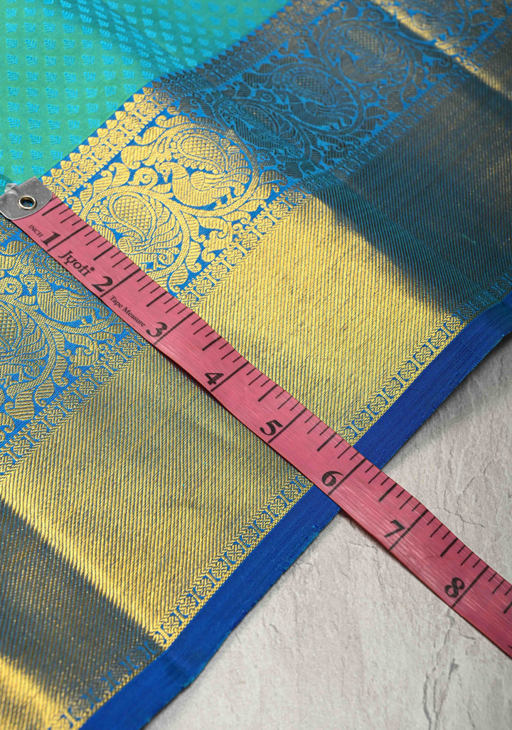 Green Cyan Dual tone Self Brocade on Kanjivaram Pure Silk Saree with Paisely Buttas and Zari Border | SILK MARK CERTIFIED