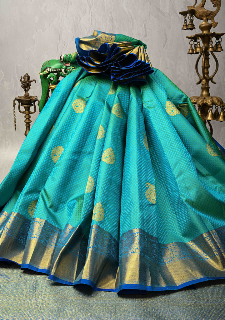 Green Cyan Dual tone Self Brocade on Kanjivaram Pure Silk Saree with Paisely Buttas and Zari Border | SILK MARK CERTIFIED