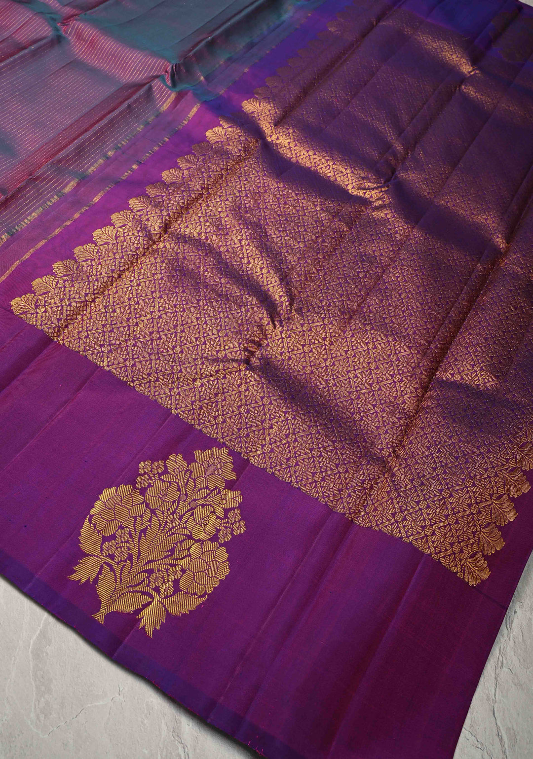 Purple-Teal Pure Kanjivaram Silk Handloom Saree with Vairaoosi Zari Stripes and Distinct Floral Motofs on Border  | SILK MARK CERTIFIED