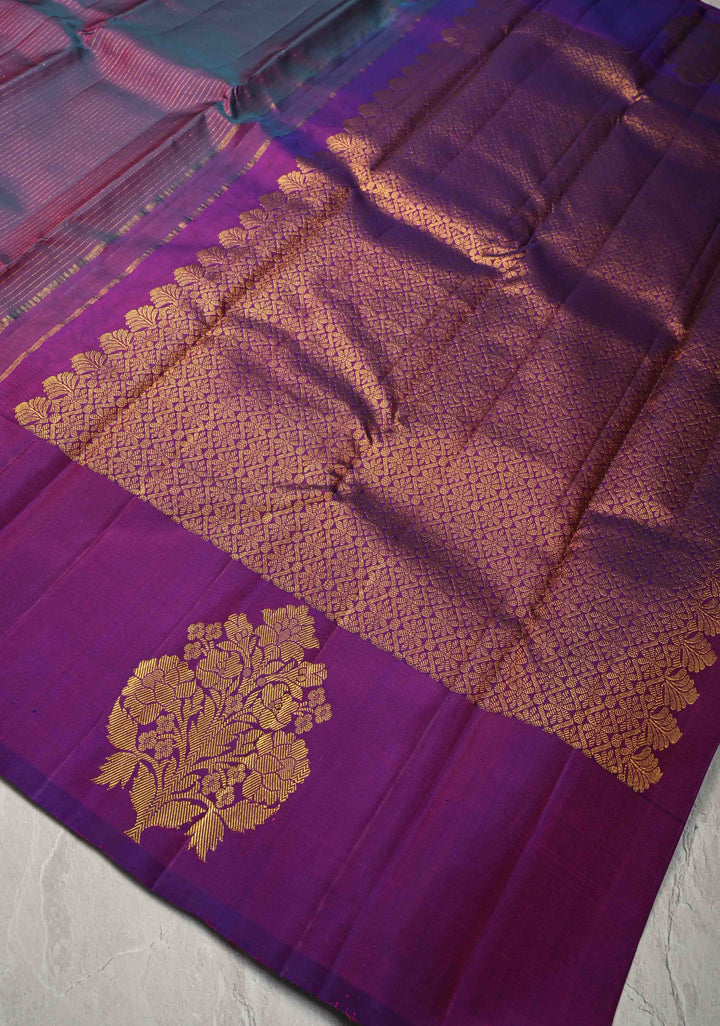 Purple-Teal Pure Kanjivaram Silk Handloom Saree with Vairaoosi Zari Stripes and Distinct Floral Motofs on Border  | SILK MARK CERTIFIED