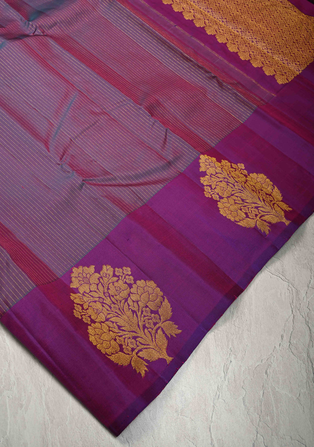 Purple-Teal Pure Kanjivaram Silk Handloom Saree with Vairaoosi Zari Stripes and Distinct Floral Motofs on Border  | SILK MARK CERTIFIED