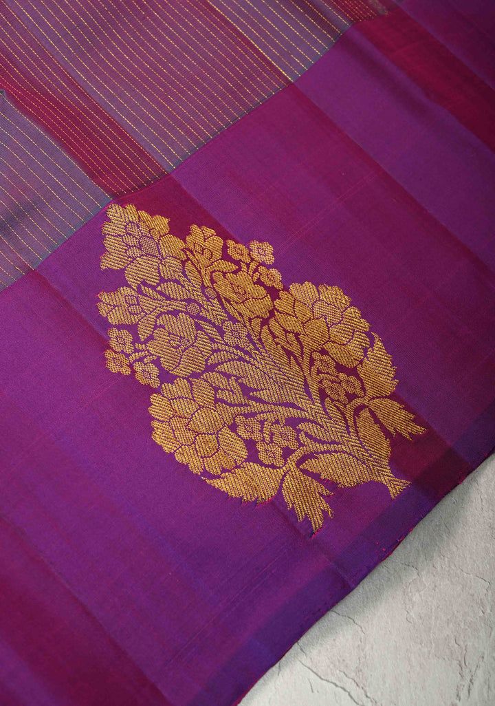 Purple-Teal Pure Kanjivaram Silk Handloom Saree with Vairaoosi Zari Stripes and Distinct Floral Motofs on Border  | SILK MARK CERTIFIED