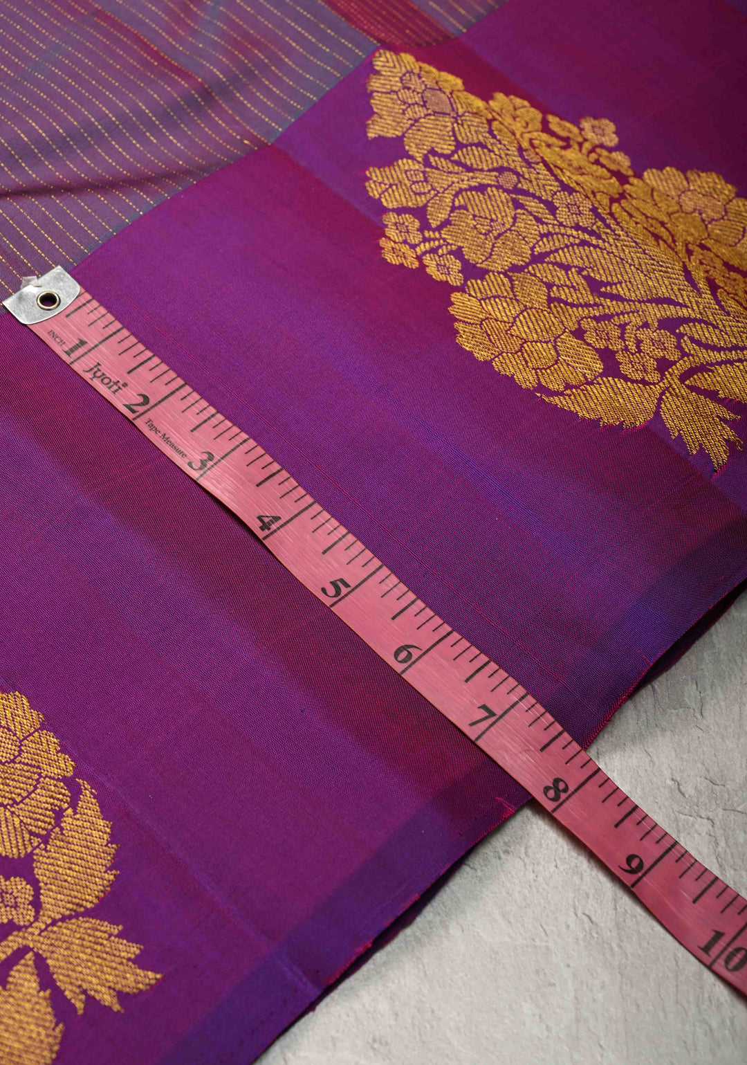 Purple-Teal Pure Kanjivaram Silk Handloom Saree with Vairaoosi Zari Stripes and Distinct Floral Motofs on Border  | SILK MARK CERTIFIED