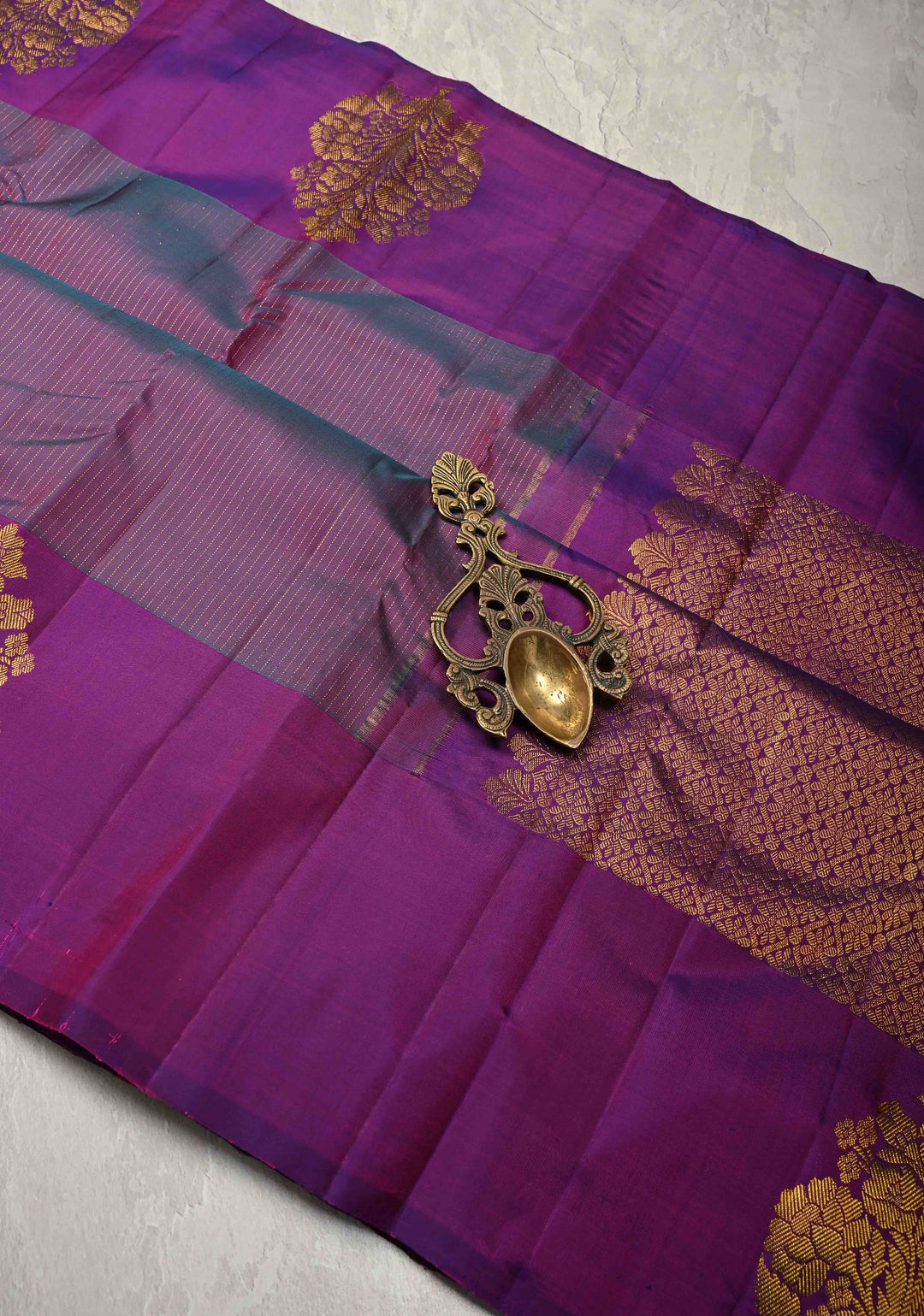 Purple-Teal Pure Kanjivaram Silk Handloom Saree with Vairaoosi Zari Stripes and Distinct Floral Motofs on Border  | SILK MARK CERTIFIED