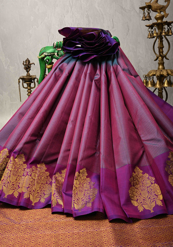 Purple-Teal Pure Kanjivaram Silk Handloom Saree with Vairaoosi Zari Stripes and Distinct Floral Motofs on Border  | SILK MARK CERTIFIED