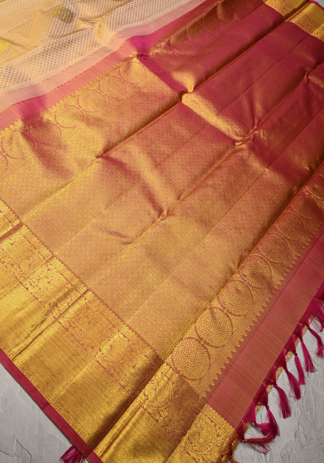 Cream Dual tone Self Brocade on Kanjivaram Pure Silk Saree with Zari Buttas and Zari Border | SILK MARK CERTIFIED