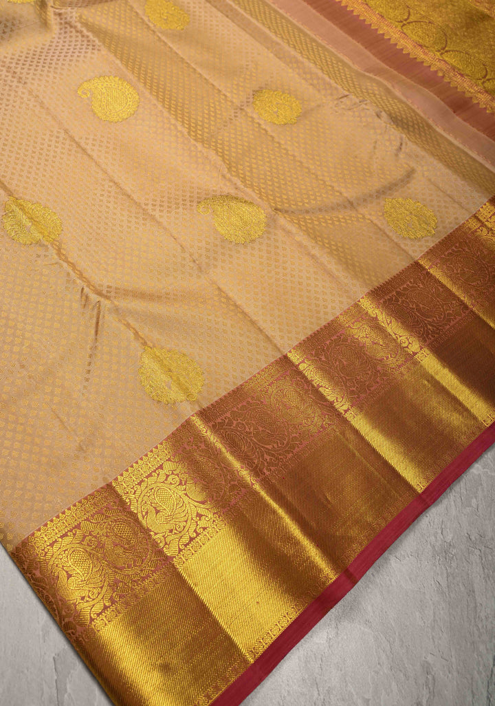 Cream Dual tone Self Brocade on Kanjivaram Pure Silk Saree with Zari Buttas and Zari Border | SILK MARK CERTIFIED