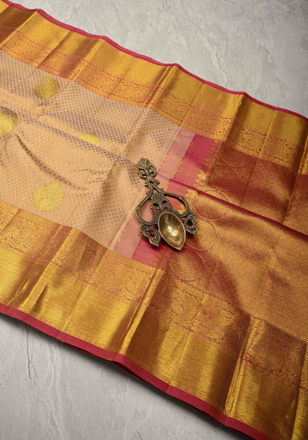 Cream Dual tone Self Brocade on Kanjivaram Pure Silk Saree with Zari Buttas and Zari Border | SILK MARK CERTIFIED