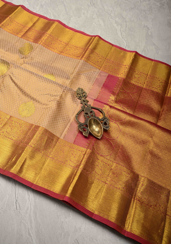 Cream Dual tone Self Brocade on Kanjivaram Pure Silk Saree with Zari Buttas and Zari Border | SILK MARK CERTIFIED