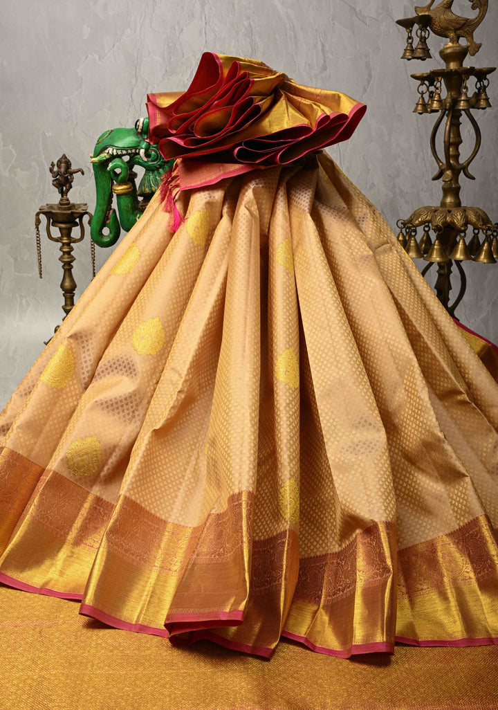 Cream Dual tone Self Brocade on Kanjivaram Pure Silk Saree with Zari Buttas and Zari Border | SILK MARK CERTIFIED