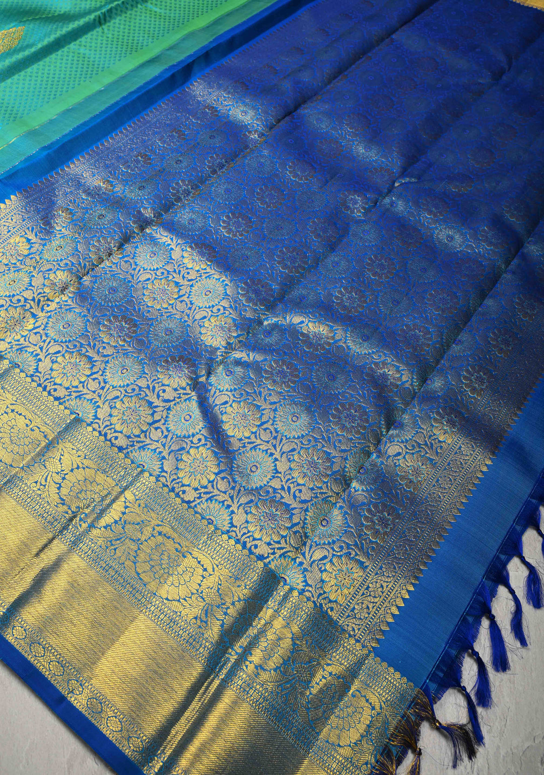 Cyan Dual tone Self Brocade on Kanjivaram Pure Silk Saree with Zari Buttas and Contrst Zari Border | SILK MARK CERTIFIED