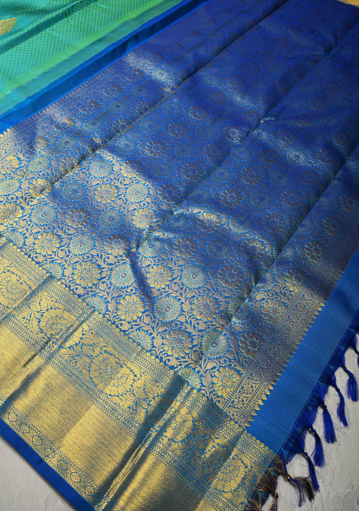 Cyan Dual tone Self Brocade on Kanjivaram Pure Silk Saree with Zari Buttas and Contrst Zari Border | SILK MARK CERTIFIED