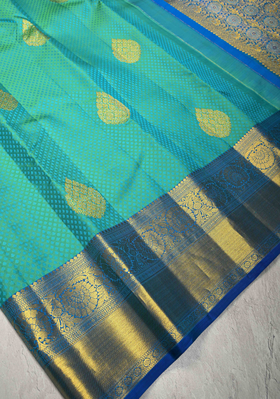 Cyan Dual tone Self Brocade on Kanjivaram Pure Silk Saree with Zari Buttas and Contrst Zari Border | SILK MARK CERTIFIED