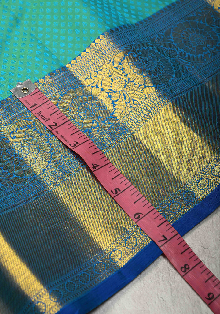 Cyan Dual tone Self Brocade on Kanjivaram Pure Silk Saree with Zari Buttas and Contrst Zari Border | SILK MARK CERTIFIED