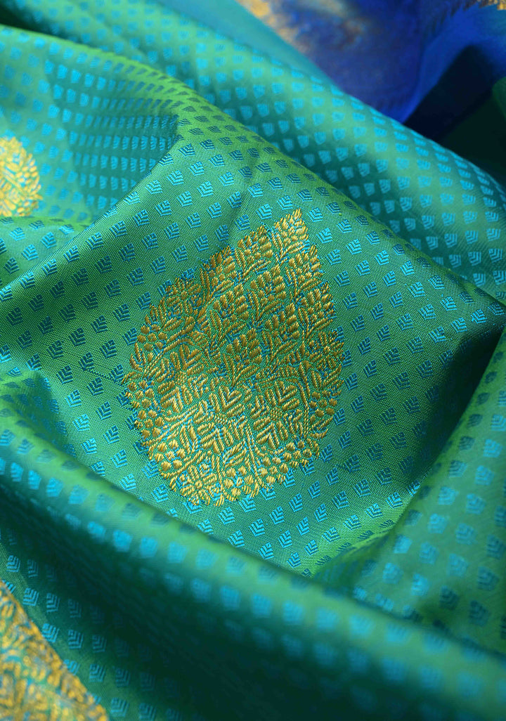 Cyan Dual tone Self Brocade on Kanjivaram Pure Silk Saree with Zari Buttas and Contrst Zari Border | SILK MARK CERTIFIED